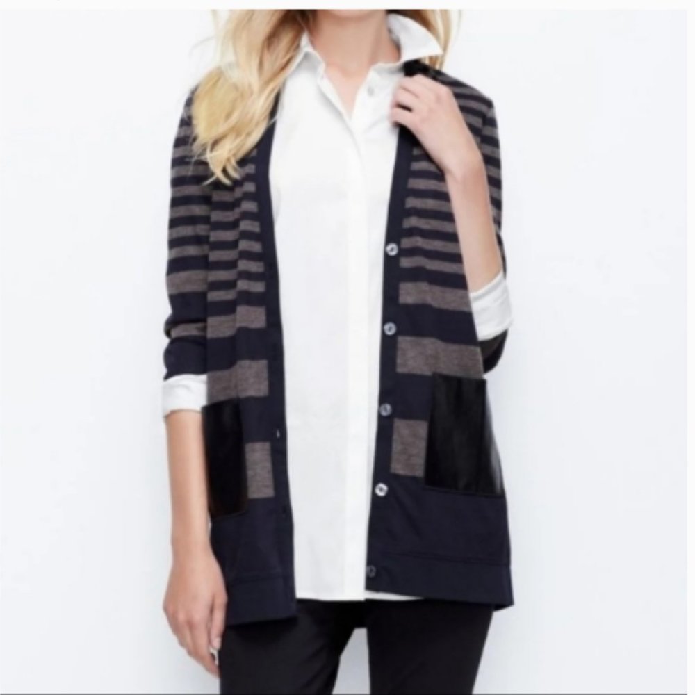 Ann Taylor Stripe Faux Leather Pocket Cardigan (65)